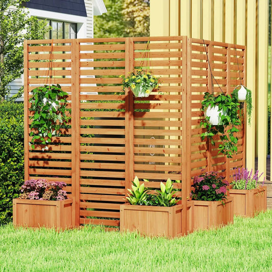 3-Panel Freestanding Garden Fence with 2 Planter Boxes in warm wood tones on Tampa Home & Garden Store