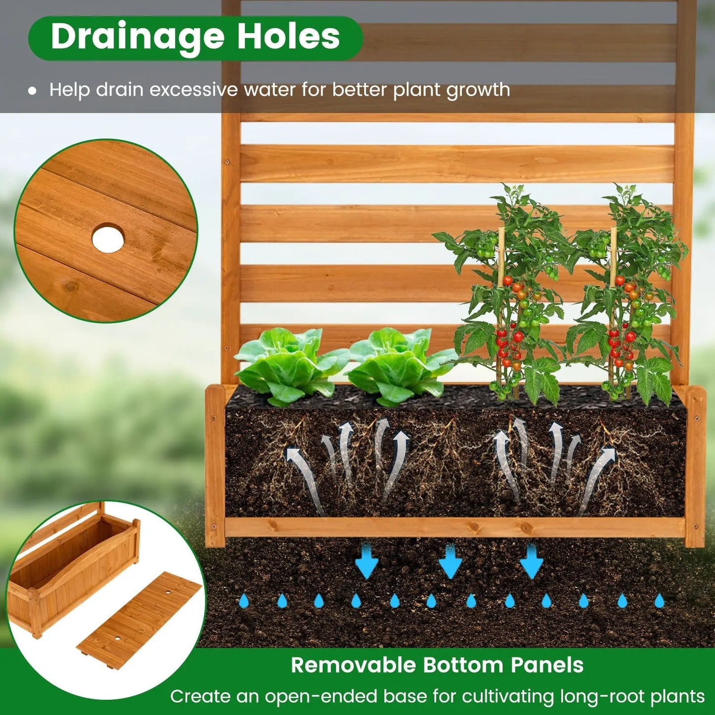Wood AC Fence With Planter Box privacy screen, 3-panel natural wood, removable bottom panels on Tampa Home & Garden Store