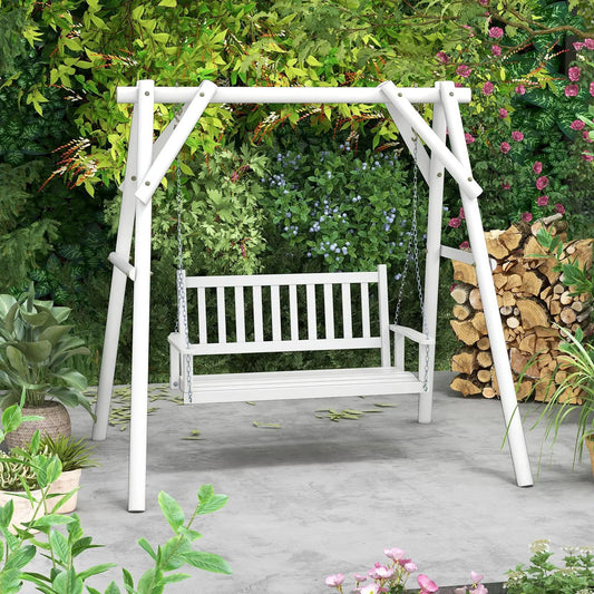 Three-person white wooden outdoor porch swing on a white A-frame stand with chains in a garden on Tampa Home & Garden Store