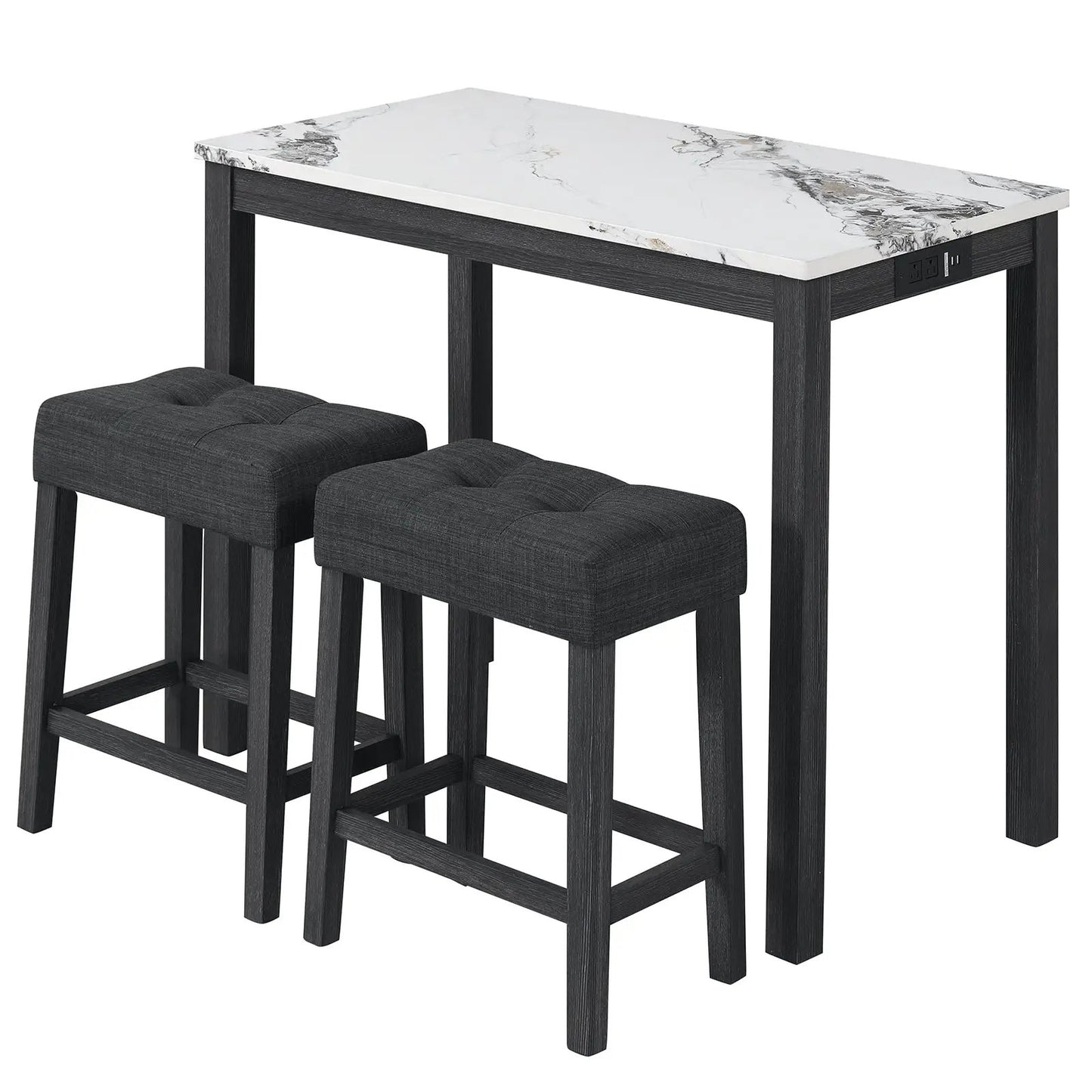Bar set with faux marble top and charging station; includes two dark tufted stools on Tampa Home & Garden Store