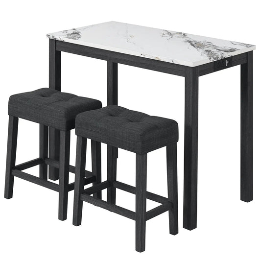 Bar set with faux marble top and charging station; includes two dark tufted stools on Tampa Home & Garden Store