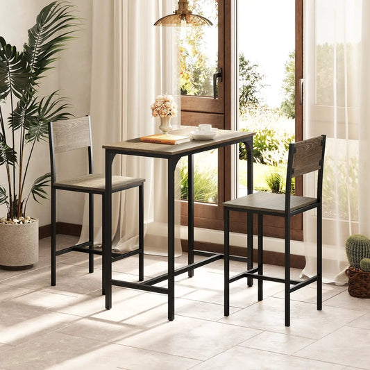 3 Piece Bar Table Set With Backrest and Footrest two stools black metal wood on Tampa Home & Garden Store
