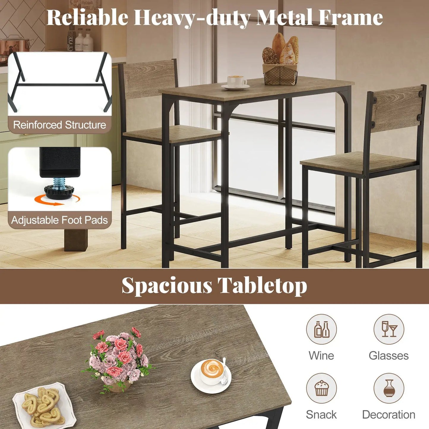 3-Piece Bar Table Set with Backrest and Footrest, bar height, black metal frame, 2 stools on Tampa Home & Garden Store