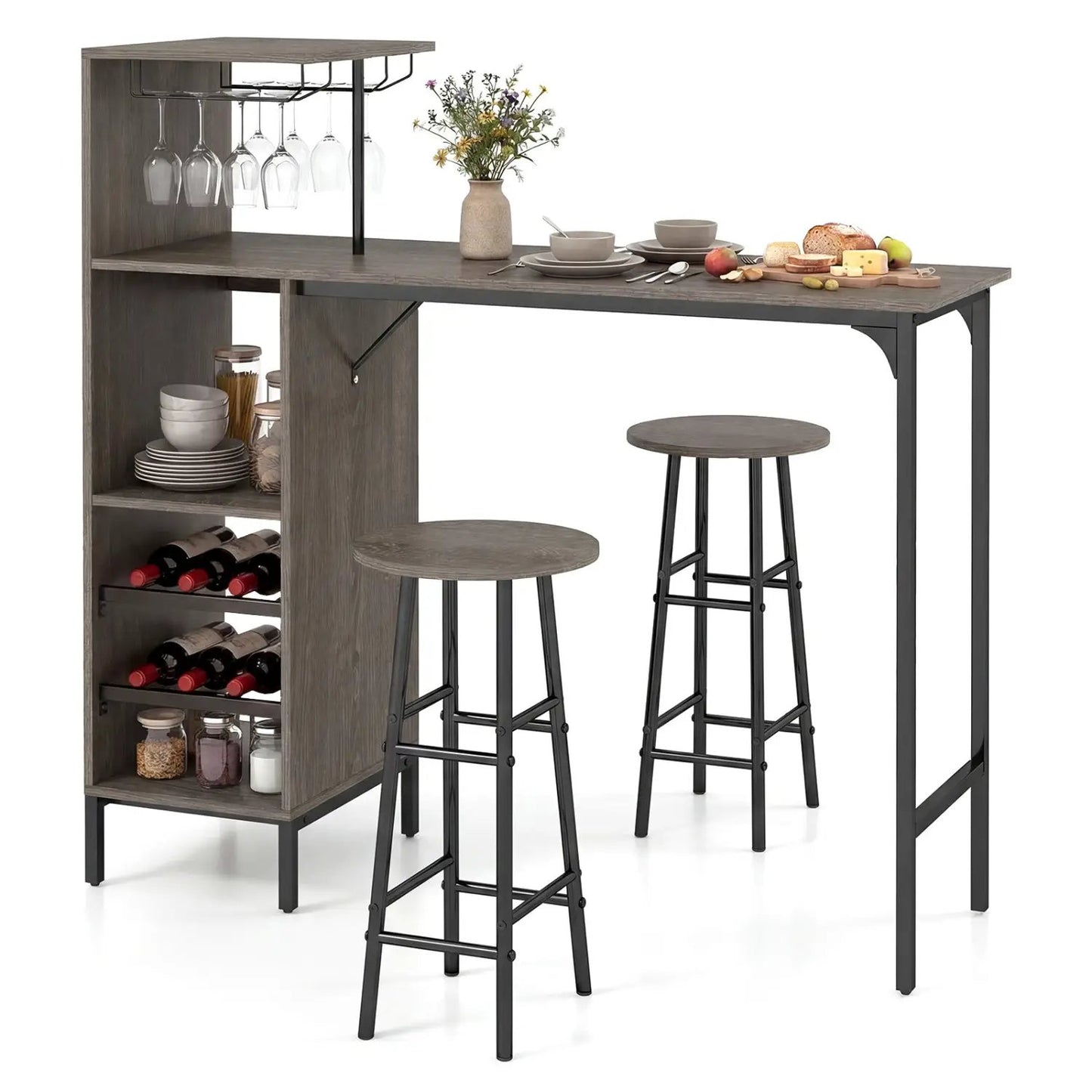 3 Piece Bar Table and Chairs Set with Wine Rack, dark wood finish, black metal frame, 2 stools on Tampa Home & Garden Store