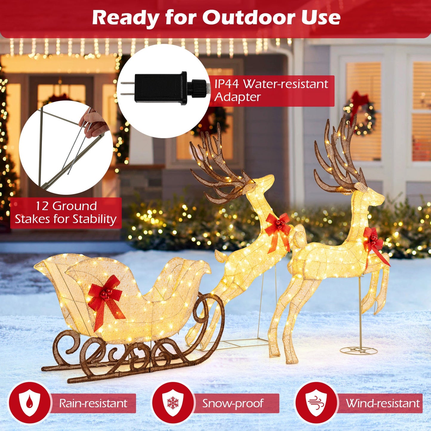 3-Piece Christmas Lighted Reindeer and Sleigh Set: golden-wire lawn ornaments by DirectDeals on Tampa Home & Garden Store