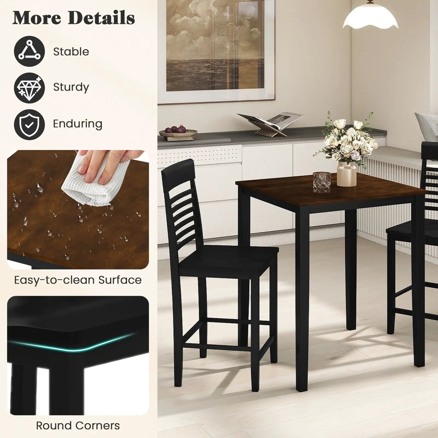 Counter-height dining table set for 2 with dark wood top and black metal legs, two stools on Tampa Home & Garden Store