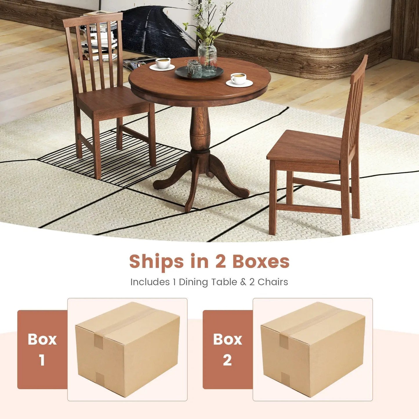 3 Piece Wooden Dining Table and Chair Set brown table with pedestal base and 2 slatback chairs on Tampa Home & Garden Store