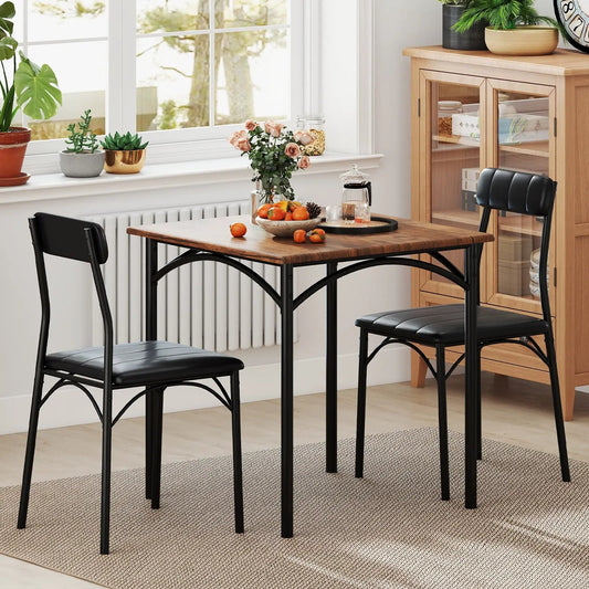 3 Piece Square Dining Table Set with Chairs, 2 black chairs, warm wood top and black metal legs on Tampa Home & Garden Store