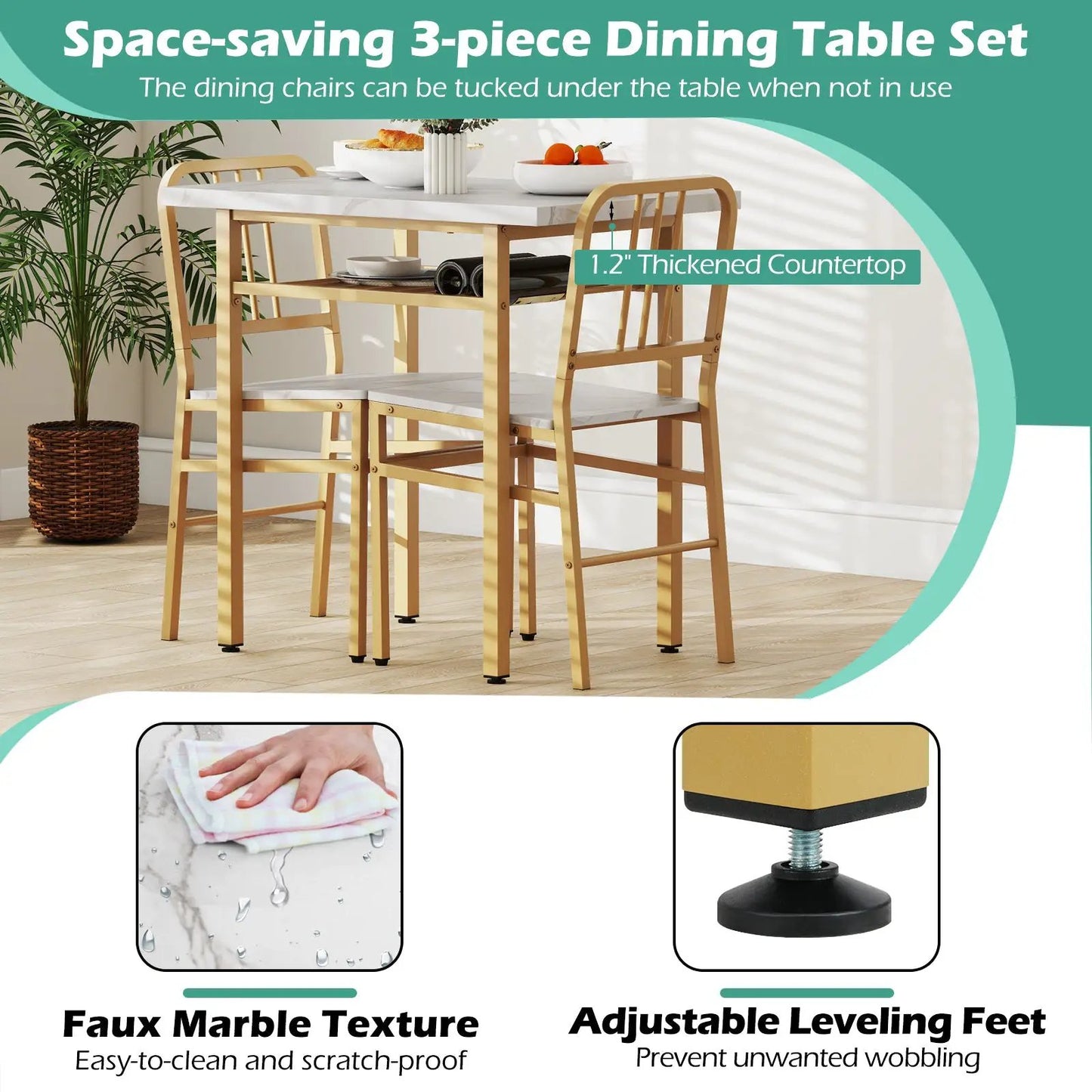 3-Piece dining set with rectangular table and 2 chairs, gold-tone frame, white faux marble top on Tampa Home & Garden Store