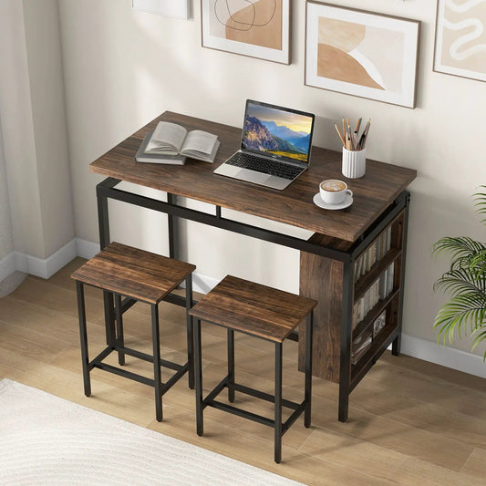 Dining table set with 3-tier storage shelf, brown wood top, black metal frame, stools on Tampa Home & Garden Store