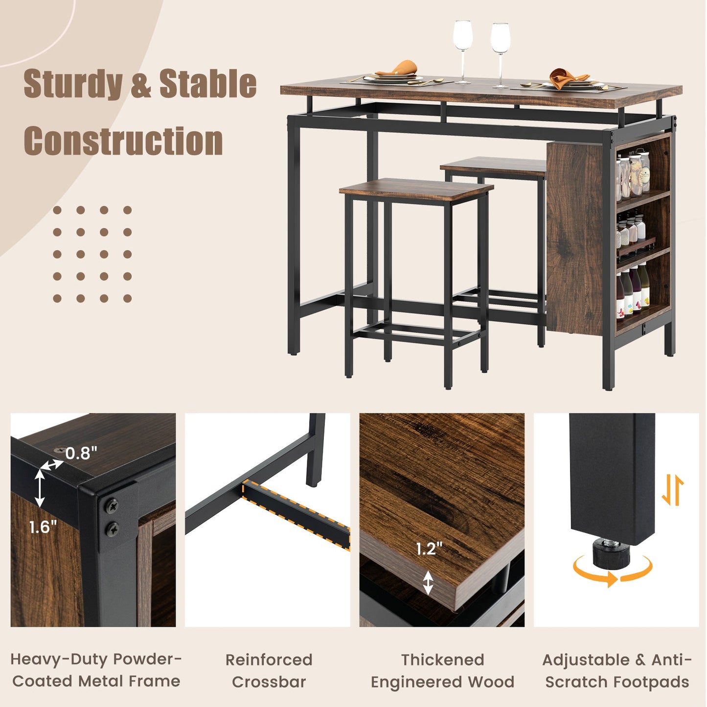 3-piece dining table set with 3-tier storage shelf, brown wood top & black metal frame on Tampa Home & Garden Store