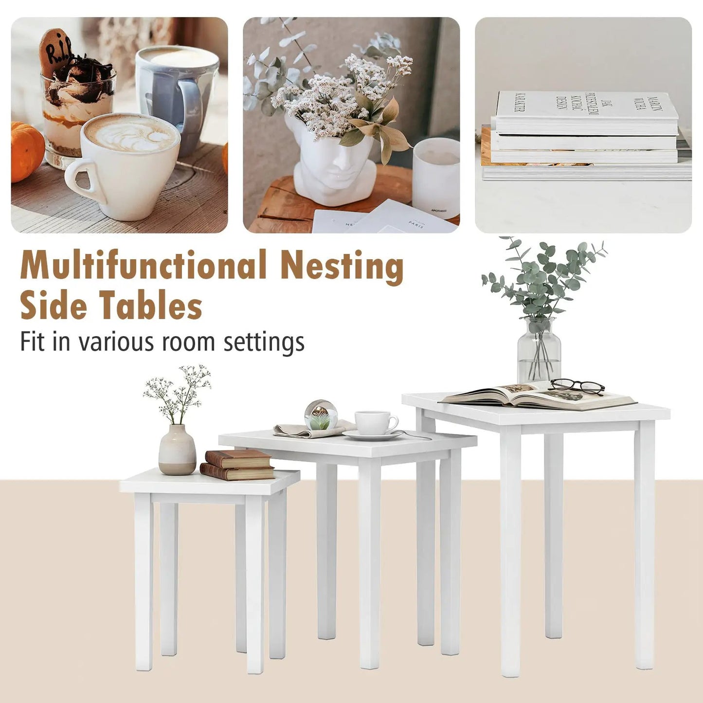 Farmhouse 3-Piece Rectangle Side Table Set, white finish nesting end tables DirectDeals on Tampa Home & Garden Store