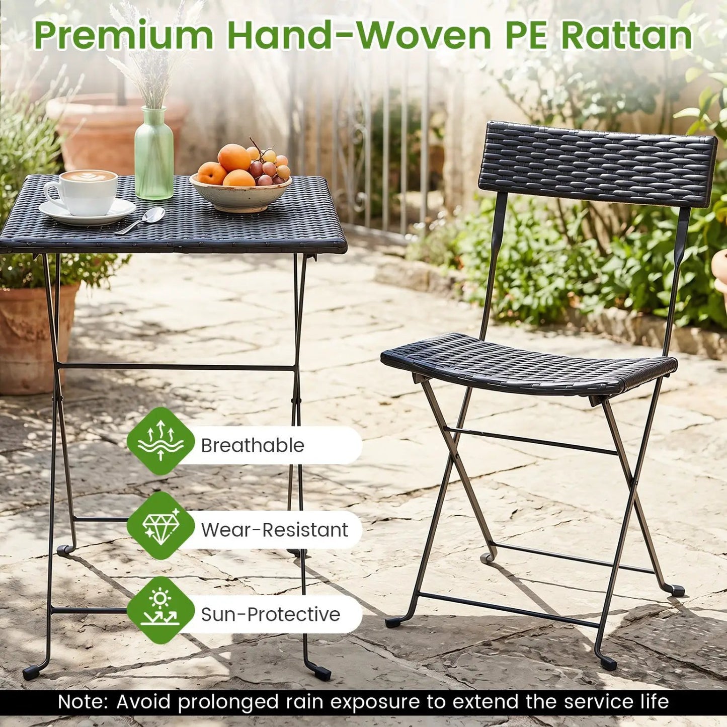 3-Piece Folding Bistro Set with PE Wicker and Metal Frame