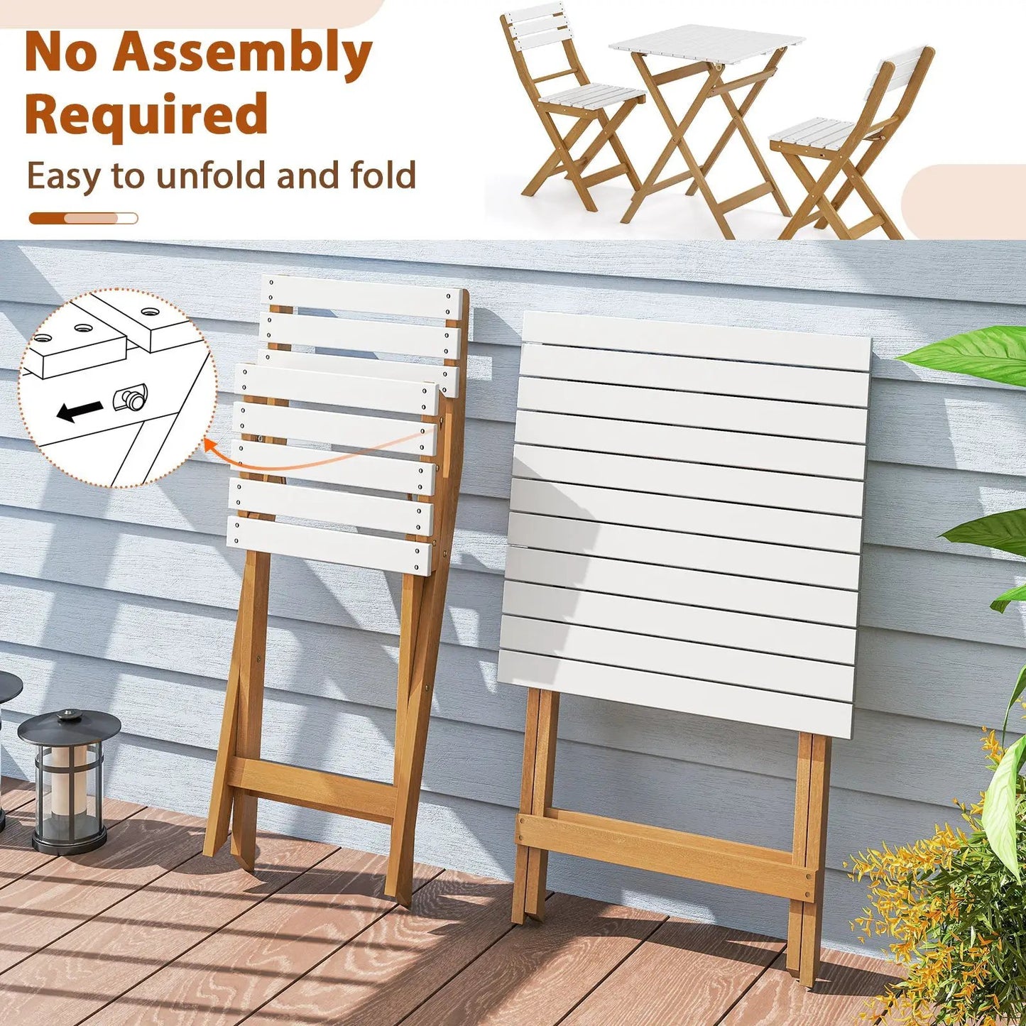3 Piece Folding Patio Bistro Set in acacia wood with white slats and table DirectDeals on Tampa Home & Garden Store