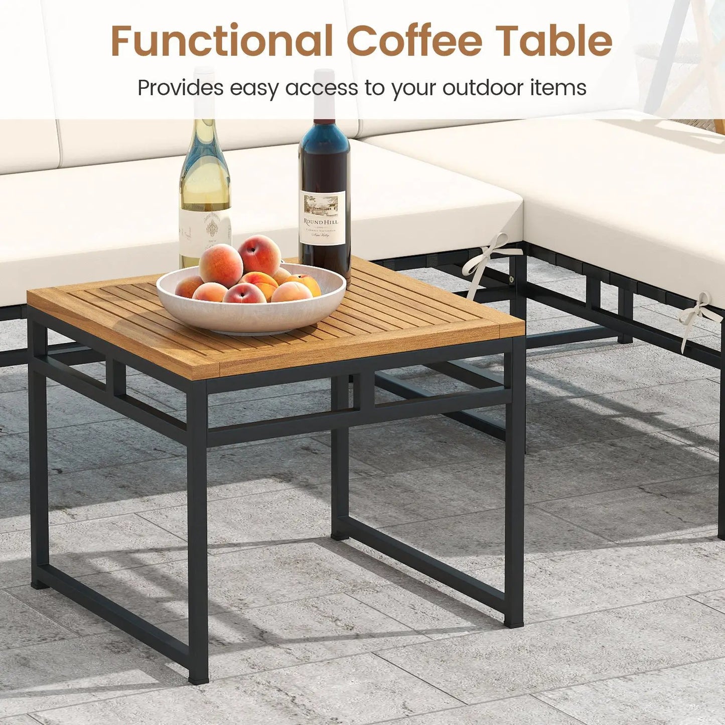 Three Piece L-Shaped Outdoor Patio Set with beige cushions and wood slat coffee table on Tampa Home & Garden Store