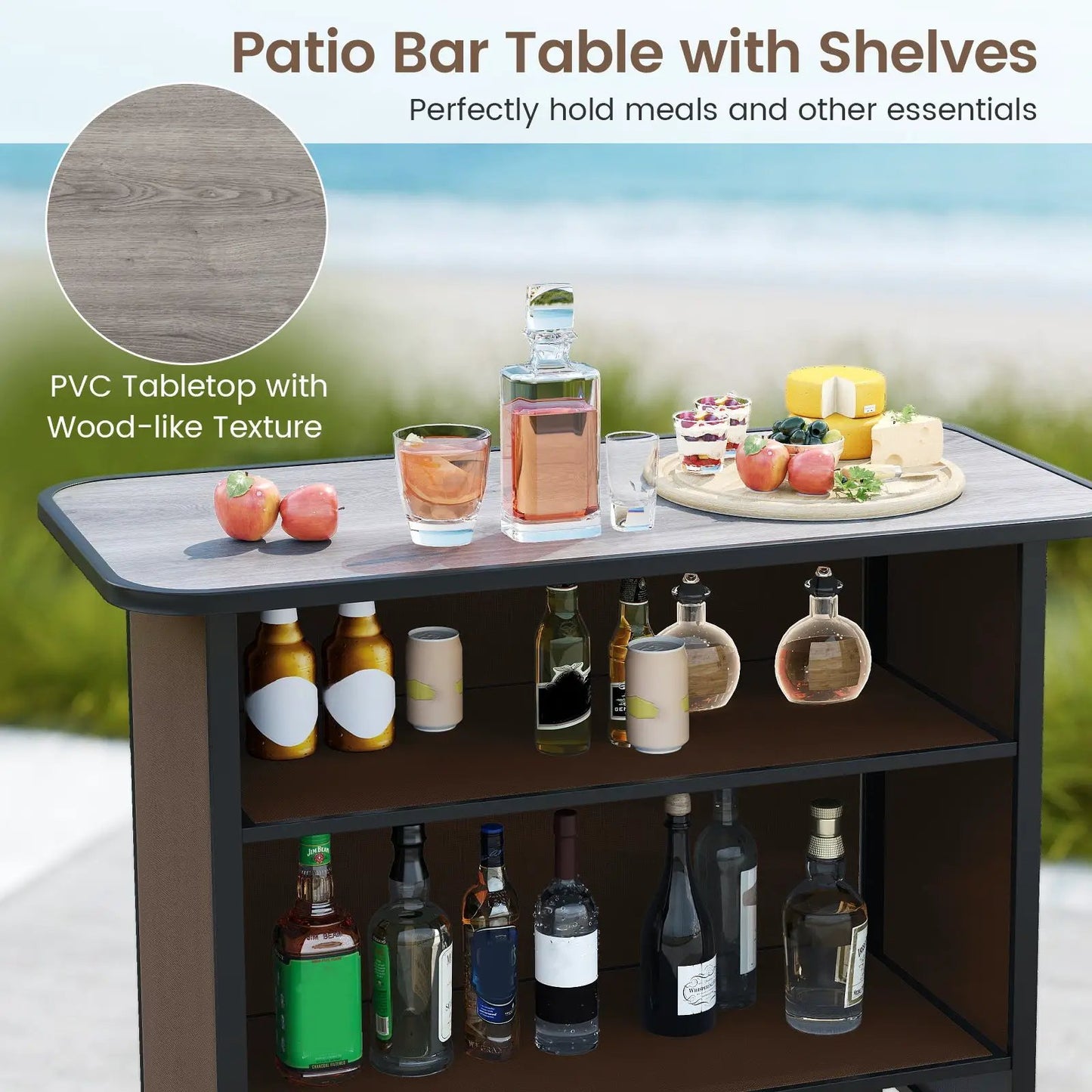 3-Piece Outdoor Bar Set with Footrest and Shelf, PVC Tabletop with Wood Texture on dark bar cart on Tampa Home & Garden Store