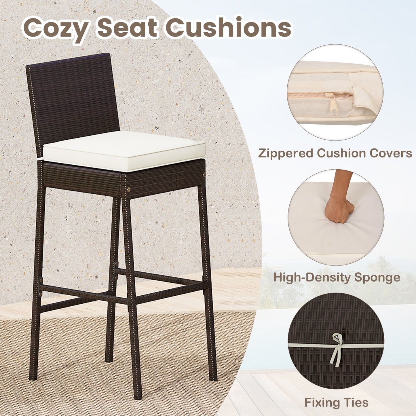 3-Piece Outdoor Bar Set with white cushions on brown wicker metal stools DirectDeals on Tampa Home & Garden Store