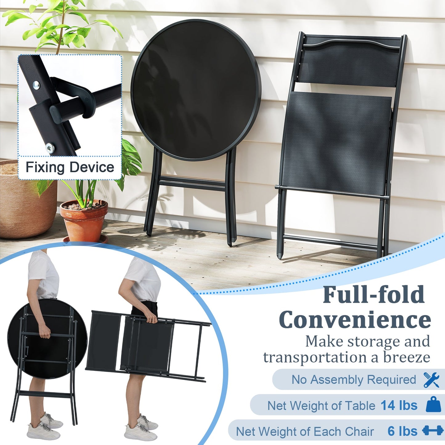Outdoor 3-Piece Folding Bistro Set with round tempered-glass table and 2 black folding chairs on Tampa Home & Garden Store