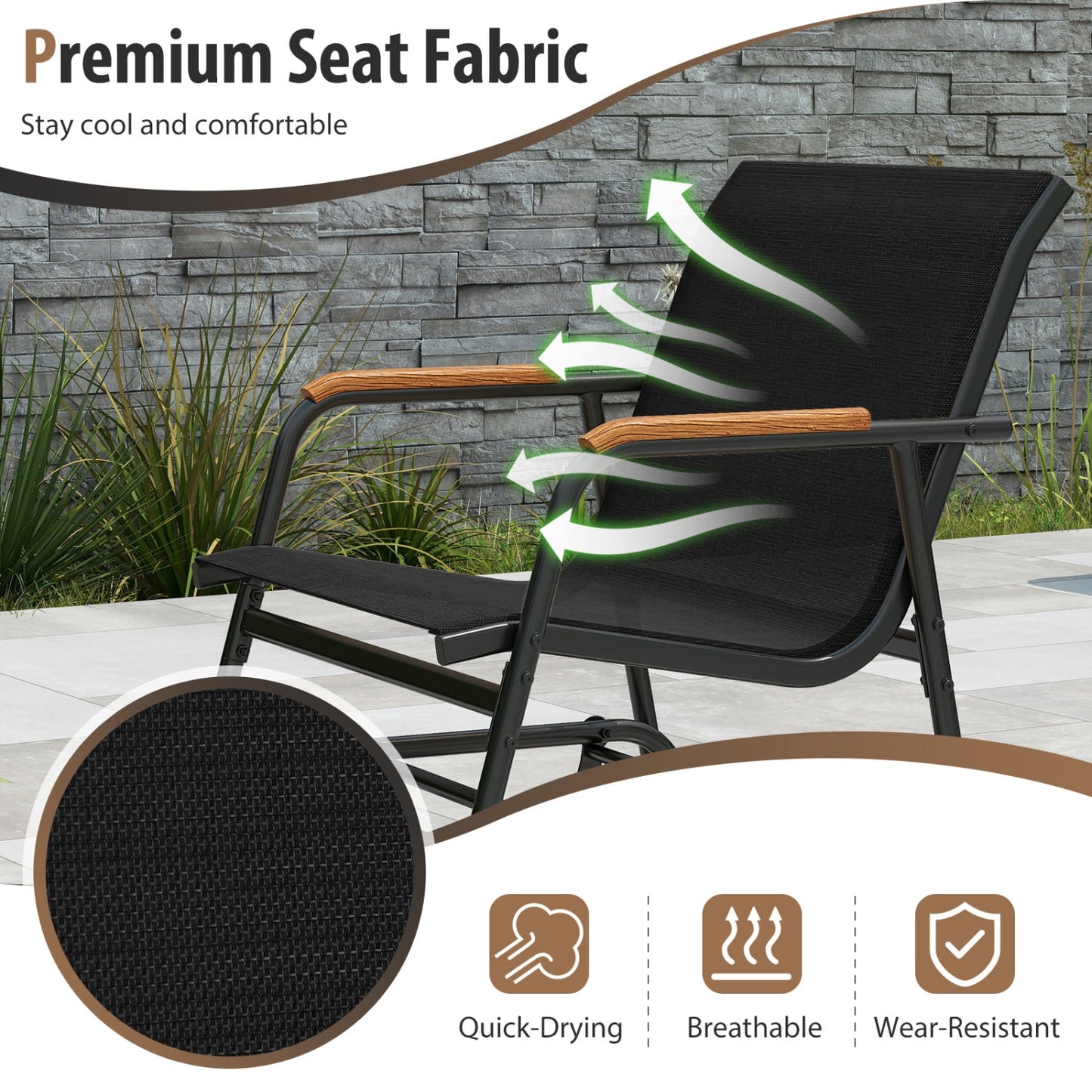 3-Piece Glider Bistro Set DirectDeals with black mesh seating and wooden arms on Tampa Home & Garden Store