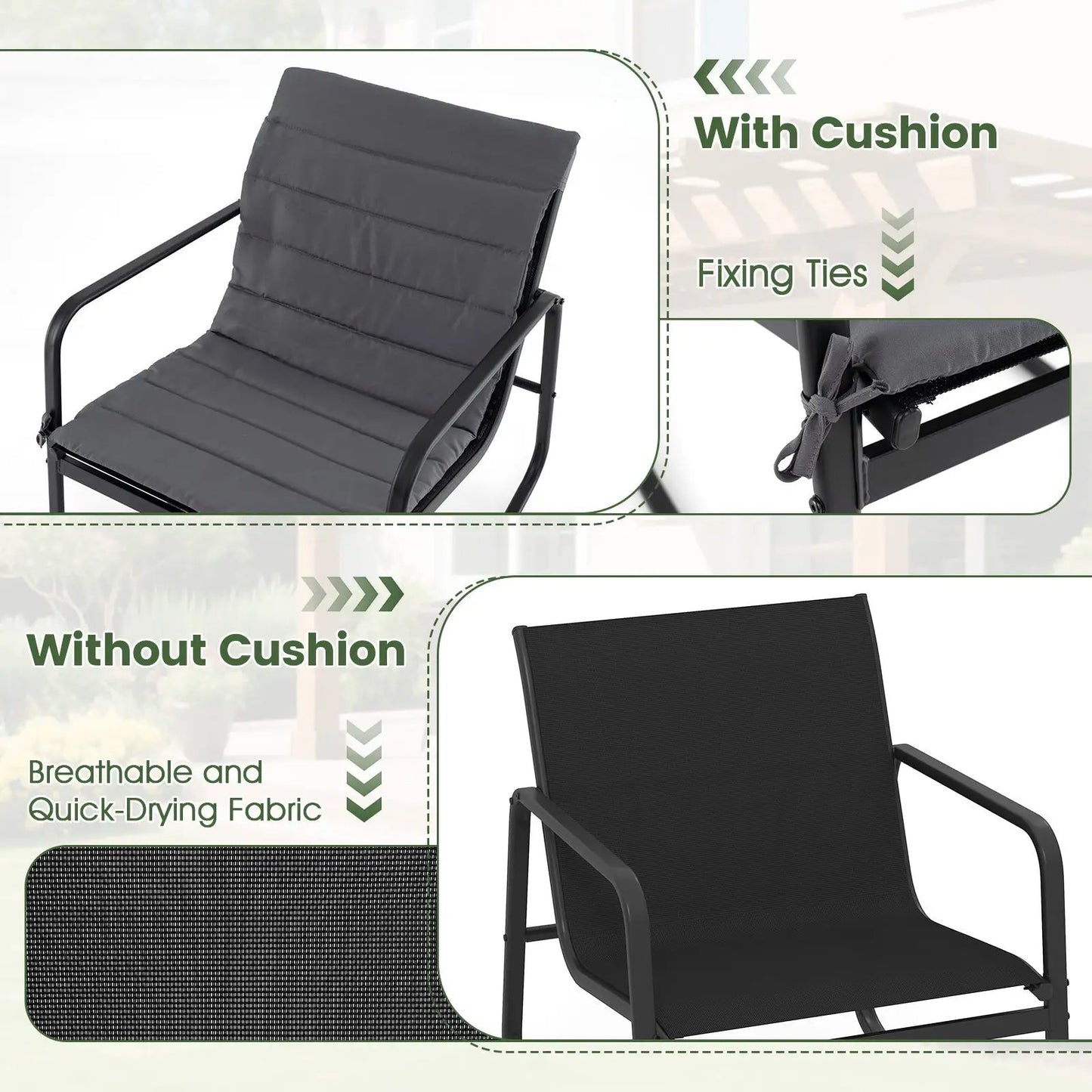 Outdoor rocking chair with gray cushion and black metal frame on Tampa Home & Garden Store