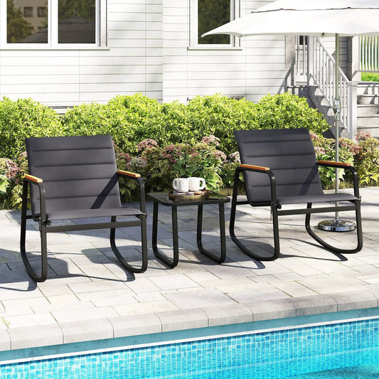 Outdoor Rocking Bistro Set with Porch Rockers, two cushioned chairs with wooden armrests on Tampa Home & Garden Store