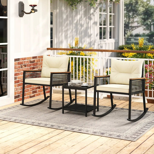 3 Piece Outdoor PE Rattan Rocking Bistro Set with 2-Tier Coffee Table-Black - Tampa Home & Garden Store