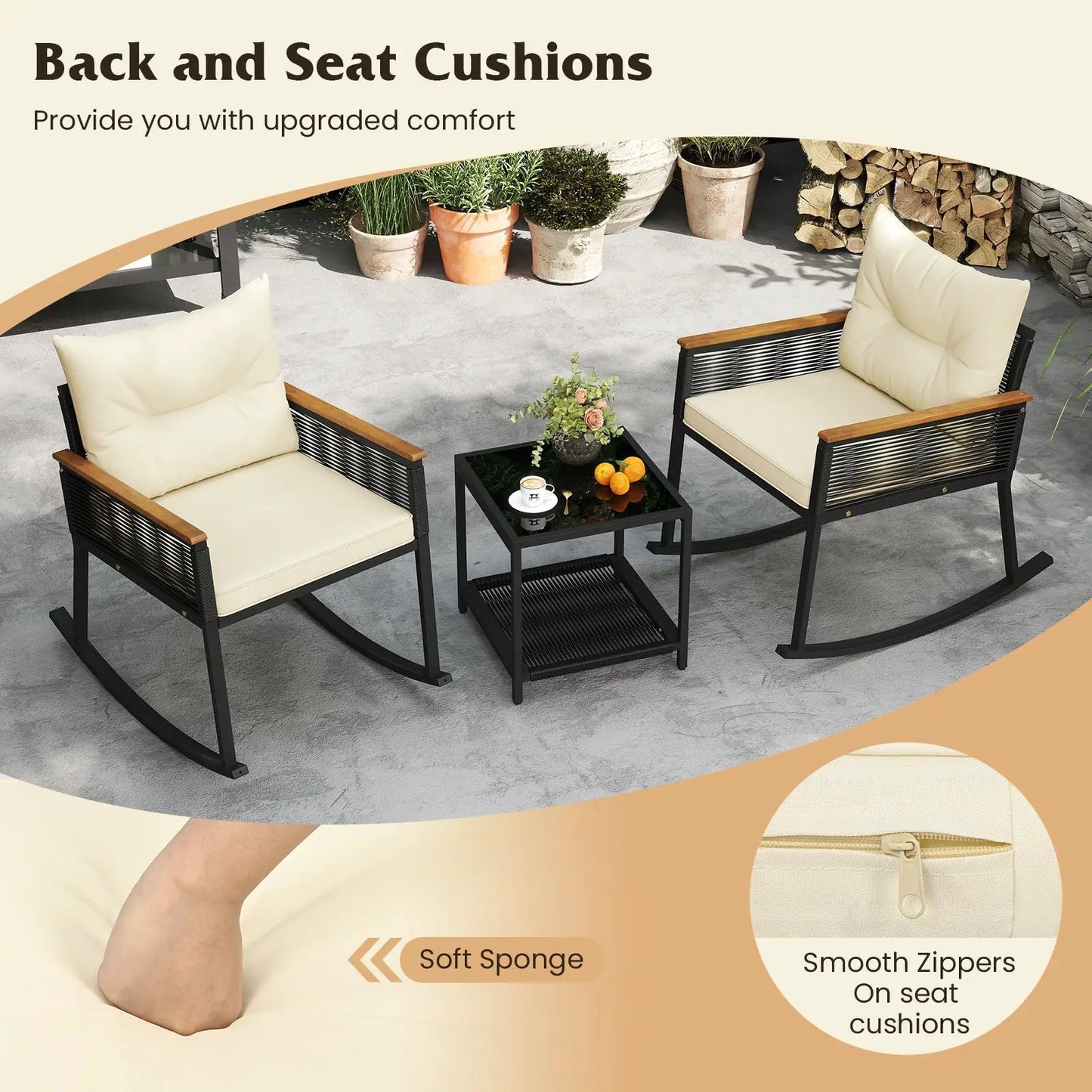 Outdoor PE rattan rocking bistro set with cream cushions and glass-top table, black frame on Tampa Home & Garden Store