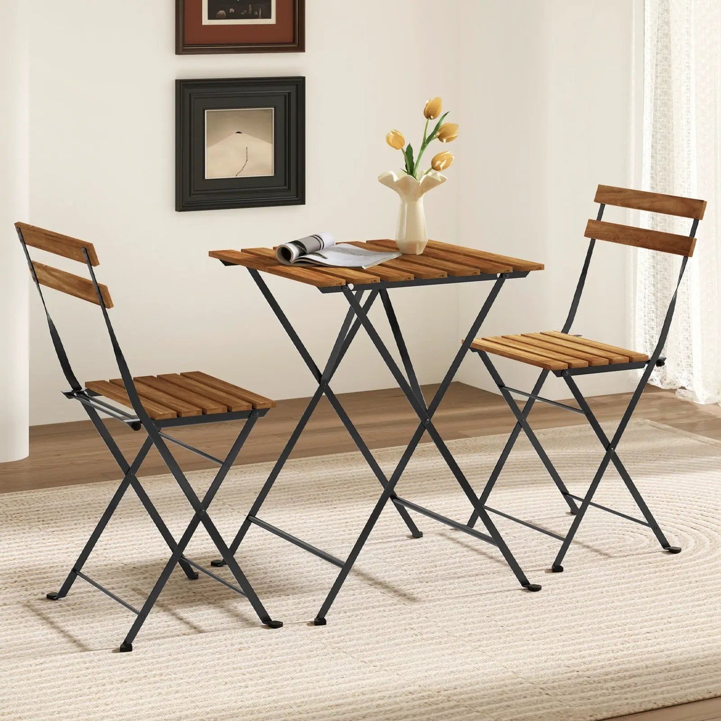3 Piece Patio Acacia Wood Bistro Set with Slatted Seat and Tabletop-Brown - Tampa Home & Garden Store
