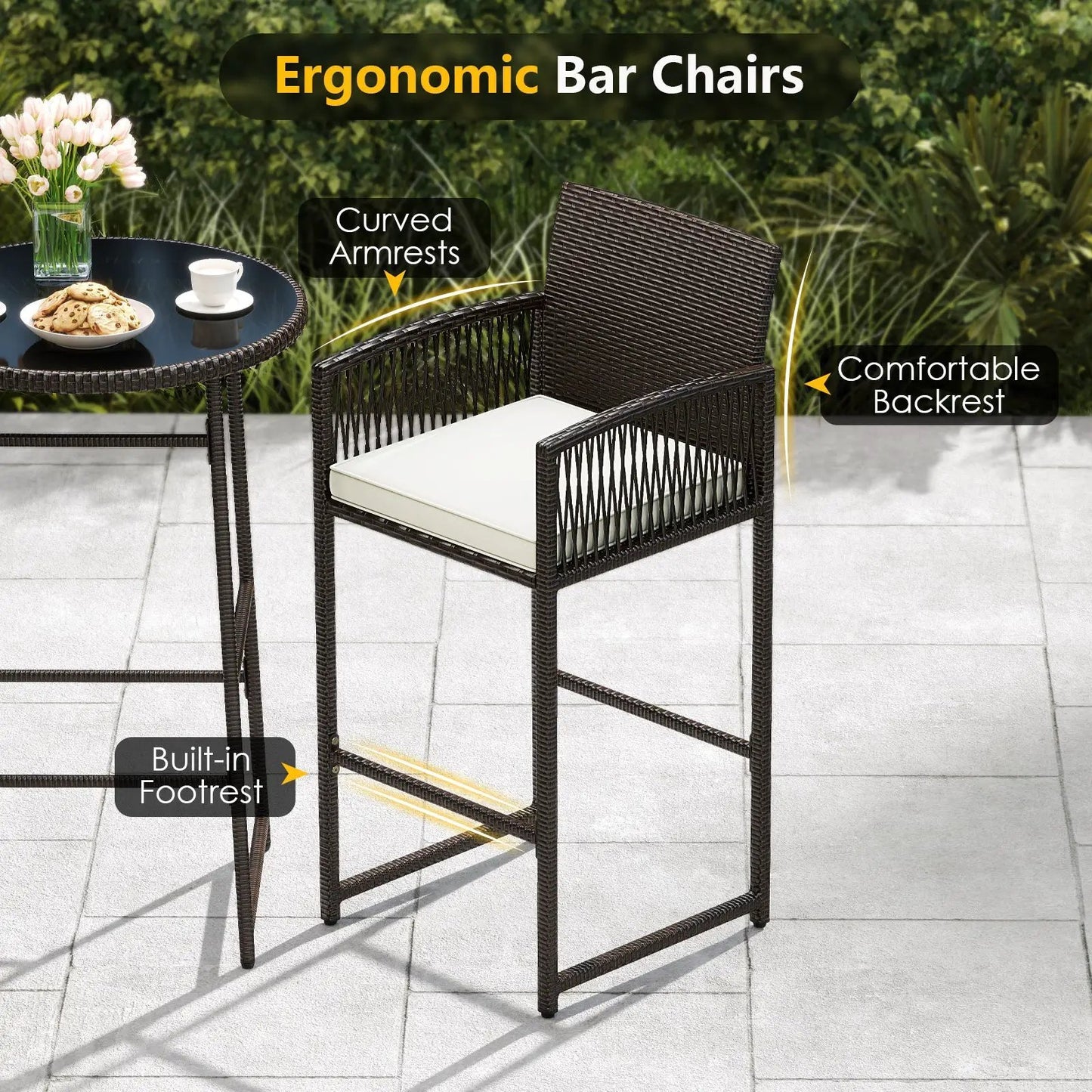 3 Piece Outdoor Wicker Bar Set with Armchairs dark brown rattan, white cushions DirectDeals on Tampa Home & Garden Store
