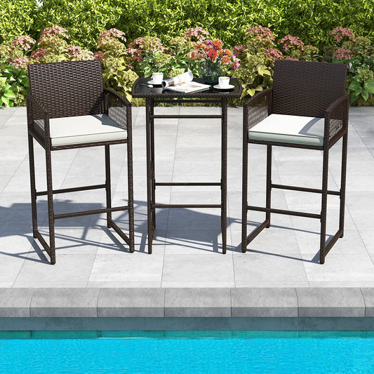 3 Piece Patio Bar Set Outdoor Wicker Bar Height Table and Armchairs with 2 Seat Cushions-White - Tampa Home & Garden Store