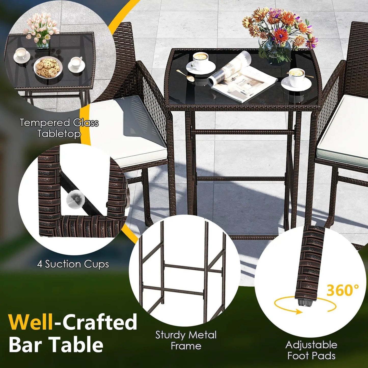 3 Piece Patio Bar Set with White Cushioned Seats, wicker frames and glass tabletop DirectDeals on Tampa Home & Garden Store