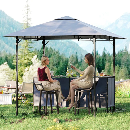 3-Piece Patio Bar Set 8x8 ft gazebo with gray roof and black frame, 2 stools DirectDeals on Tampa Home & Garden Store