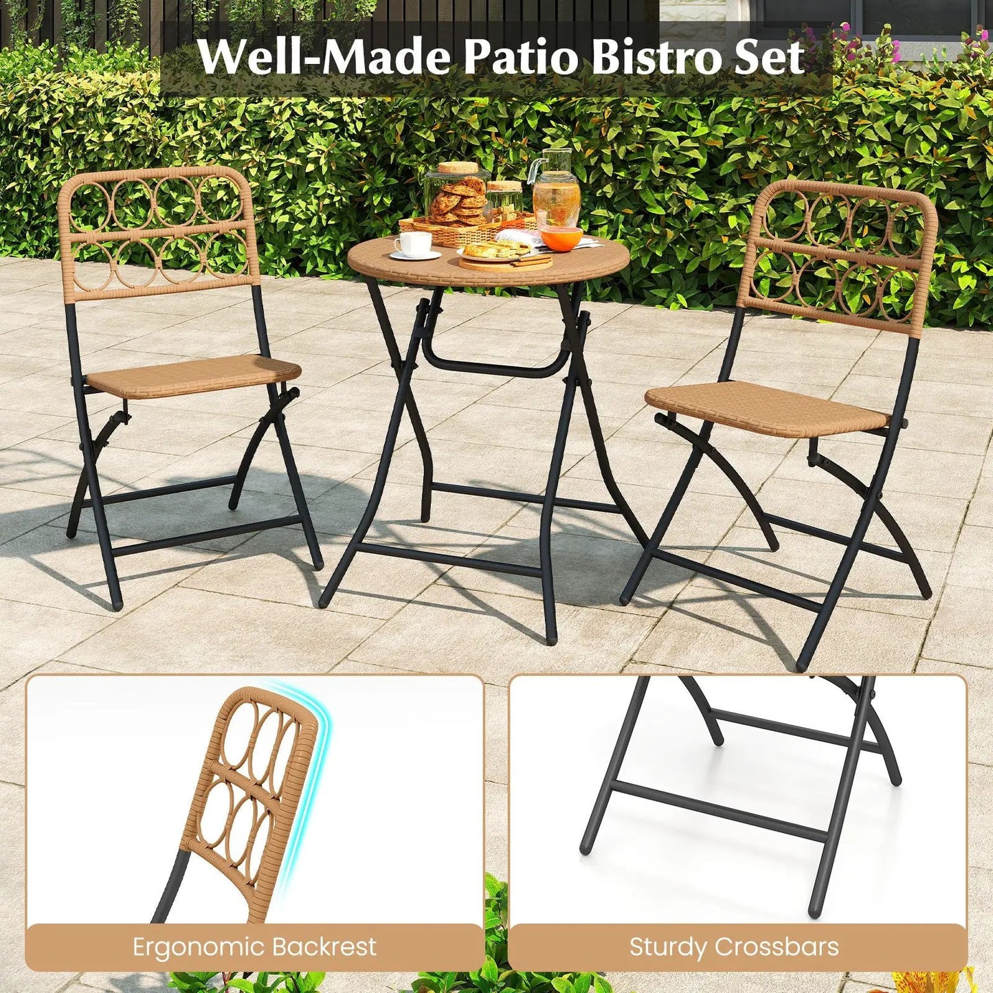 3 Piece Patio Bistro Set with Wicker Seat round table and 2 wicker chairs on a tiled patio on Tampa Home & Garden Store