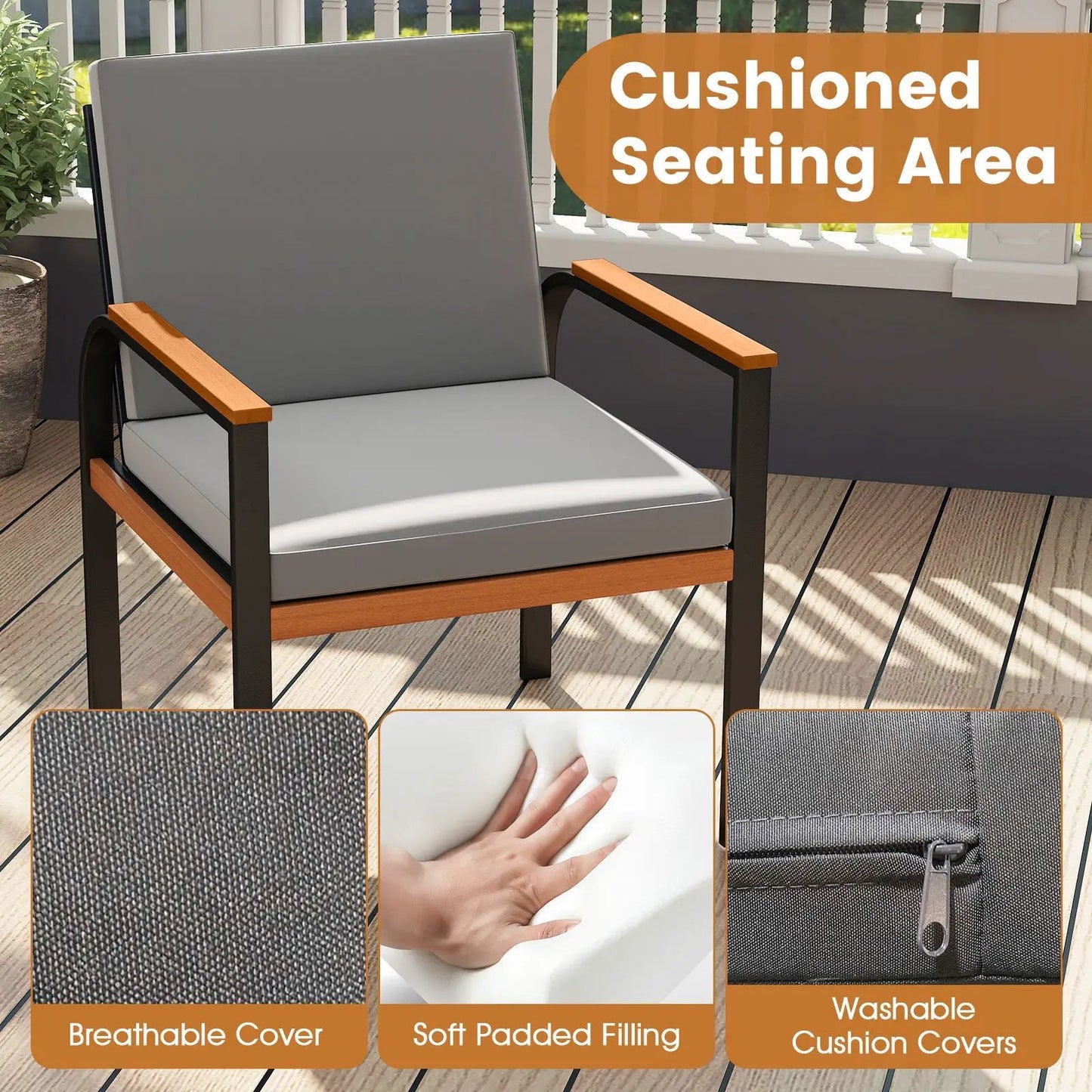 3 Piece Grey Patio Set with Cushioned Seating and Coffee Table DirectDeals on Tampa Home & Garden Store