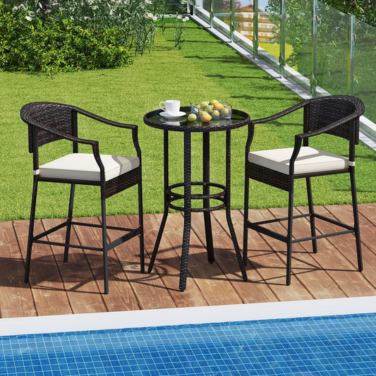 3-Piece Patio Rattan Bar Set with Tempered Glass Top for Backyard Poolside-Brown - Tampa Home & Garden Store