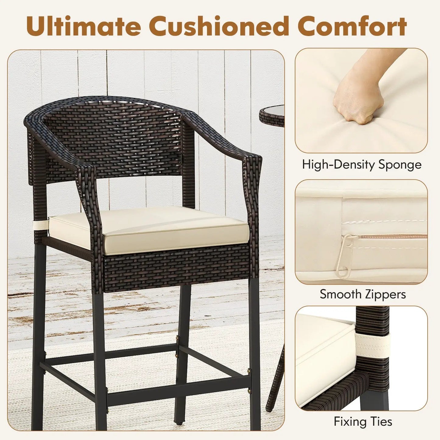 3-Piece Patio Rattan Bar Set with Glass Top in dark brown wicker and cream cushions DirectDeals on Tampa Home & Garden Store