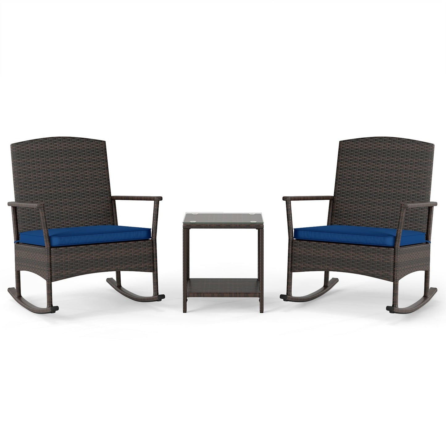 Juego de mecedoras para patio de 3 piezas con sillas mecedoras de mimbre y mesa de centro de 2 niveles - Turquesa