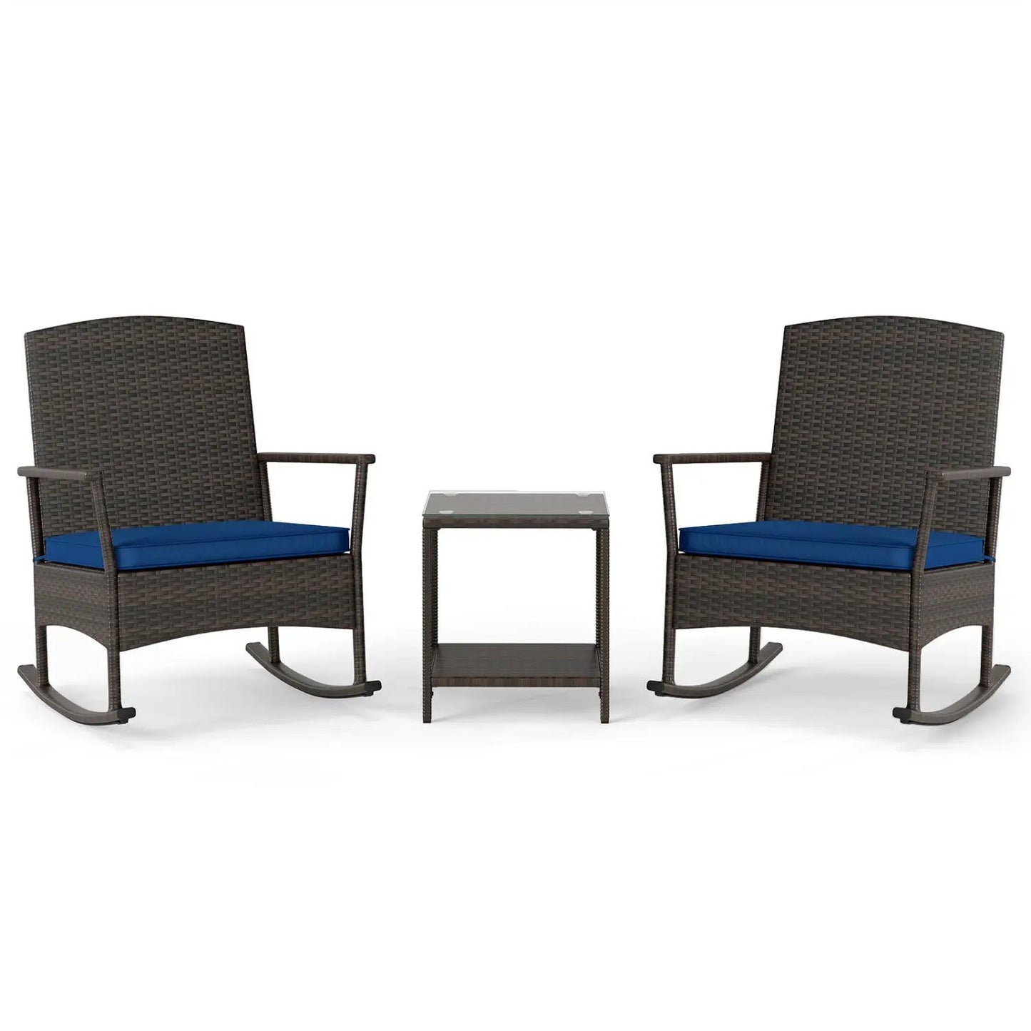 Turquoise 3 Piece Patio Rocking Set with 2 brown wicker rockers and blue cushions on Tampa Home & Garden Store