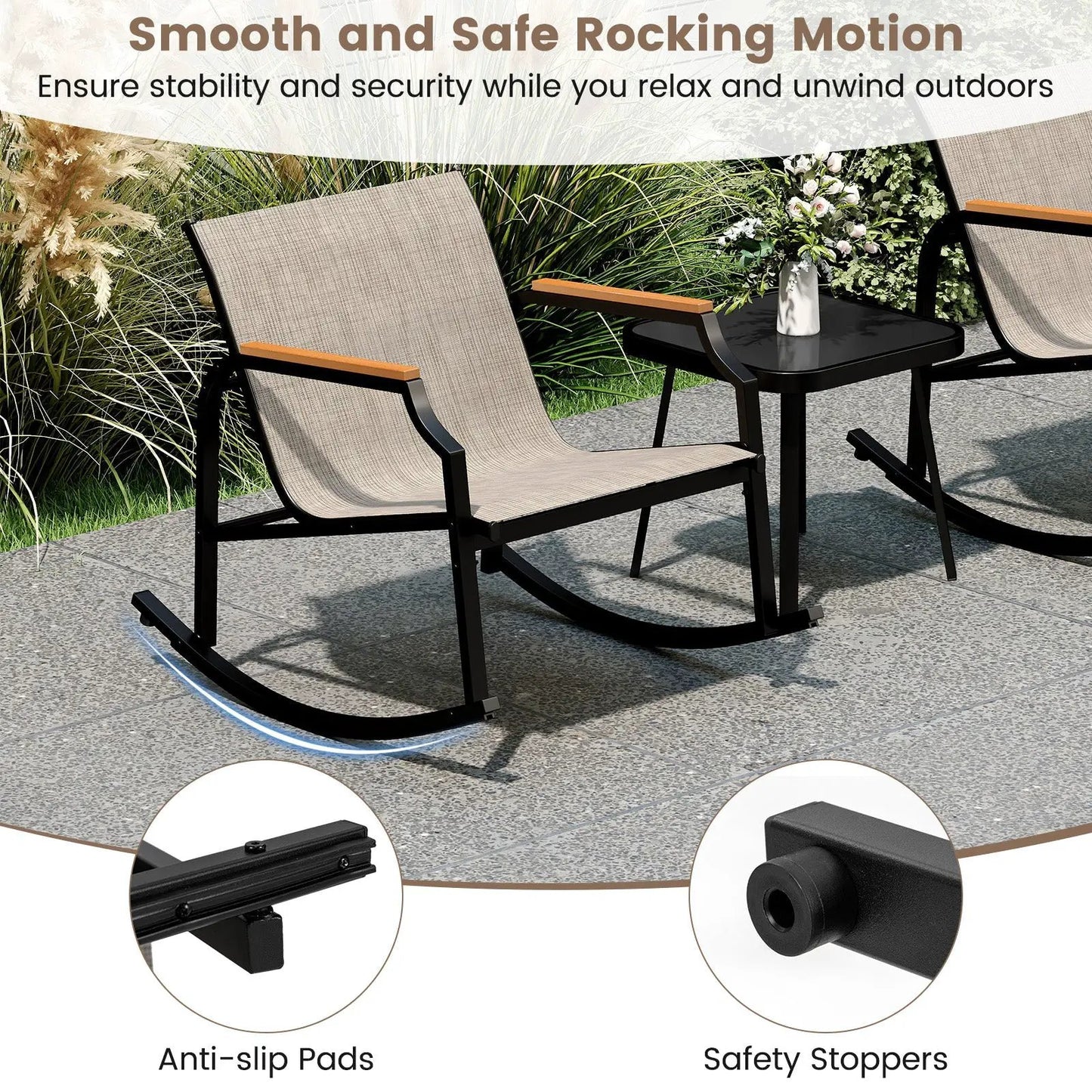 3 Piece Patio Rocking Bistro Set with Tempered Glass Coffee Table and Armrests for Porch-Brown - Tampa Home & Garden Store