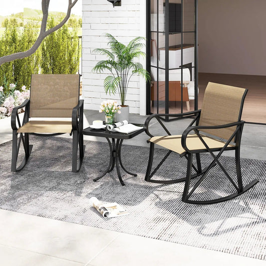3 Piece Patio Rocking Set with Smooth Motion two beige mesh rocking chairs and a small black metal table on Tampa Home & Garden Store