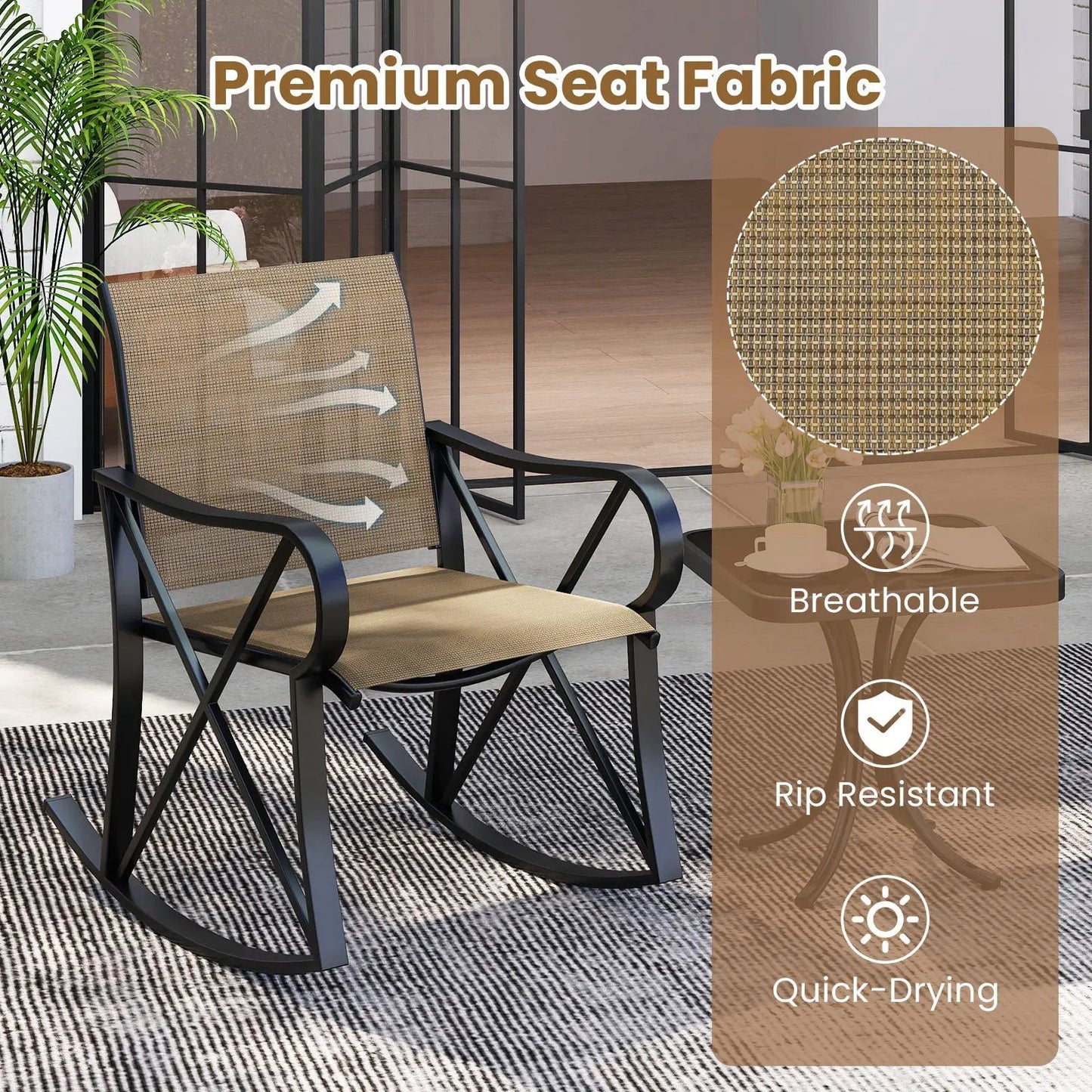3 Piece Patio Rocking Set with Smooth Rocking Motion Outdoor Rocker Chair Bistro Set -Brown - Tampa Home & Garden Store