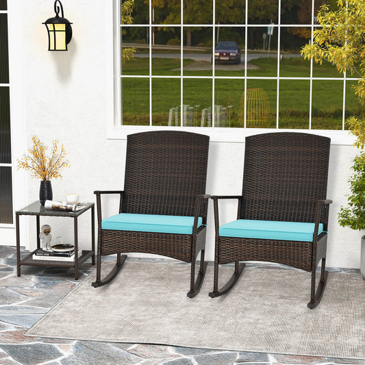 3 Piece Patio Rocking Set Wicker Rocking Chairs with 2-Tier Coffee Table-Turquoise - Tampa Home & Garden Store