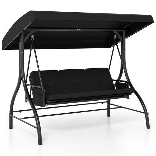 3-Piece Patio Swing with Canopy Removable Cushions and Side Pockets-Brown