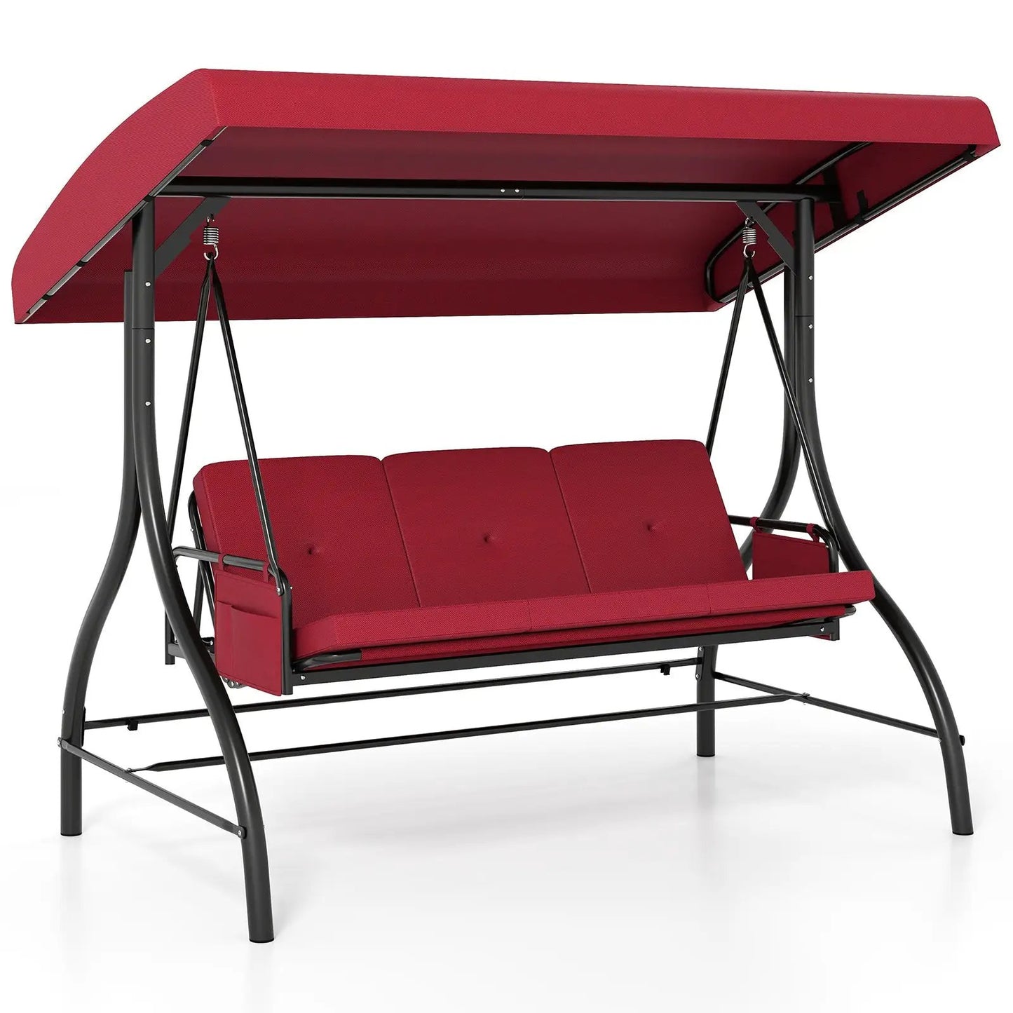 3-Piece Patio Swing with Canopy and Side Pockets, DirectDeals, red cushions on black frame on Tampa Home & Garden Store