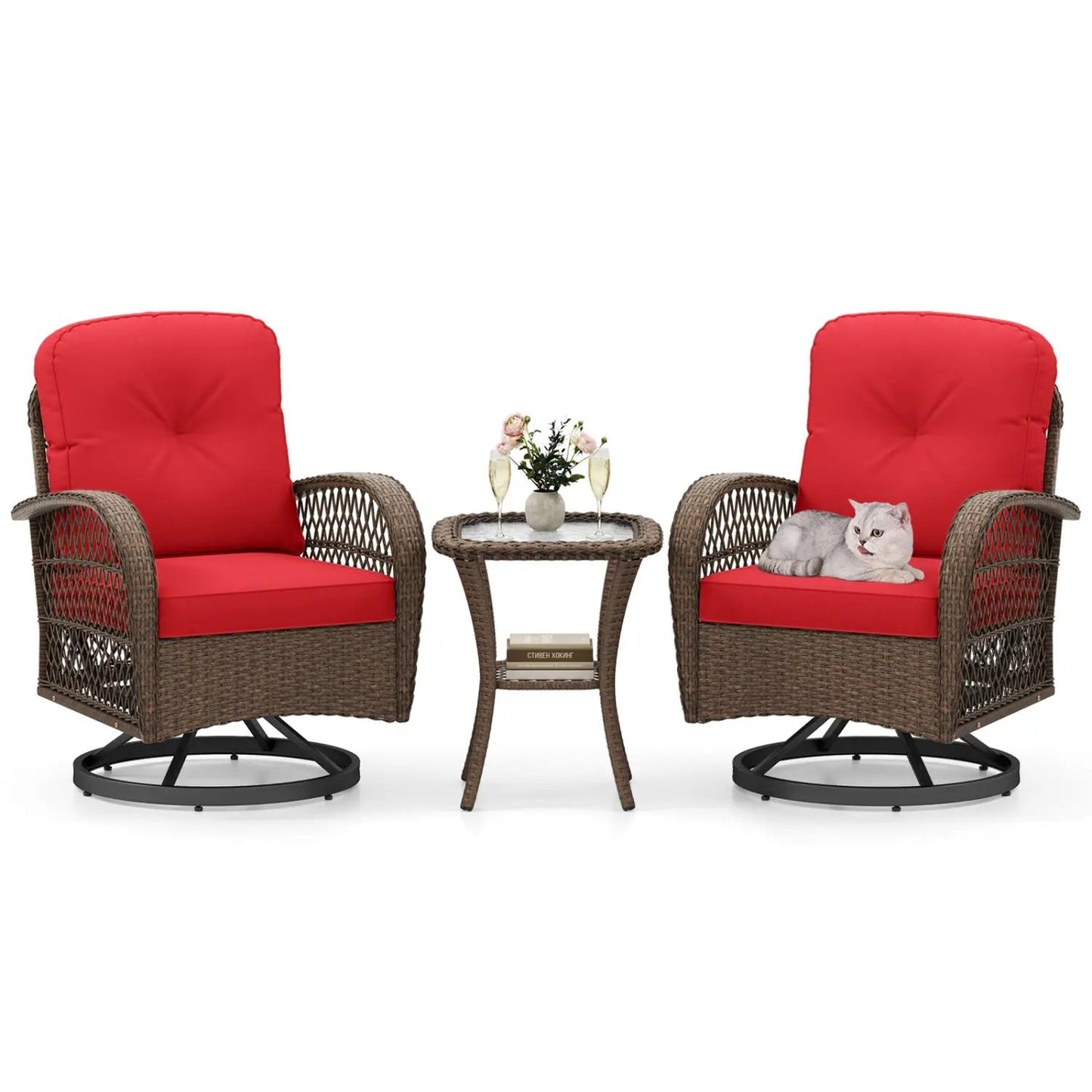 3 Piece Patio Swivel Rocker Set with red cushions and glass table; two wicker chairs, cat on one seat on Tampa Home & Garden Store