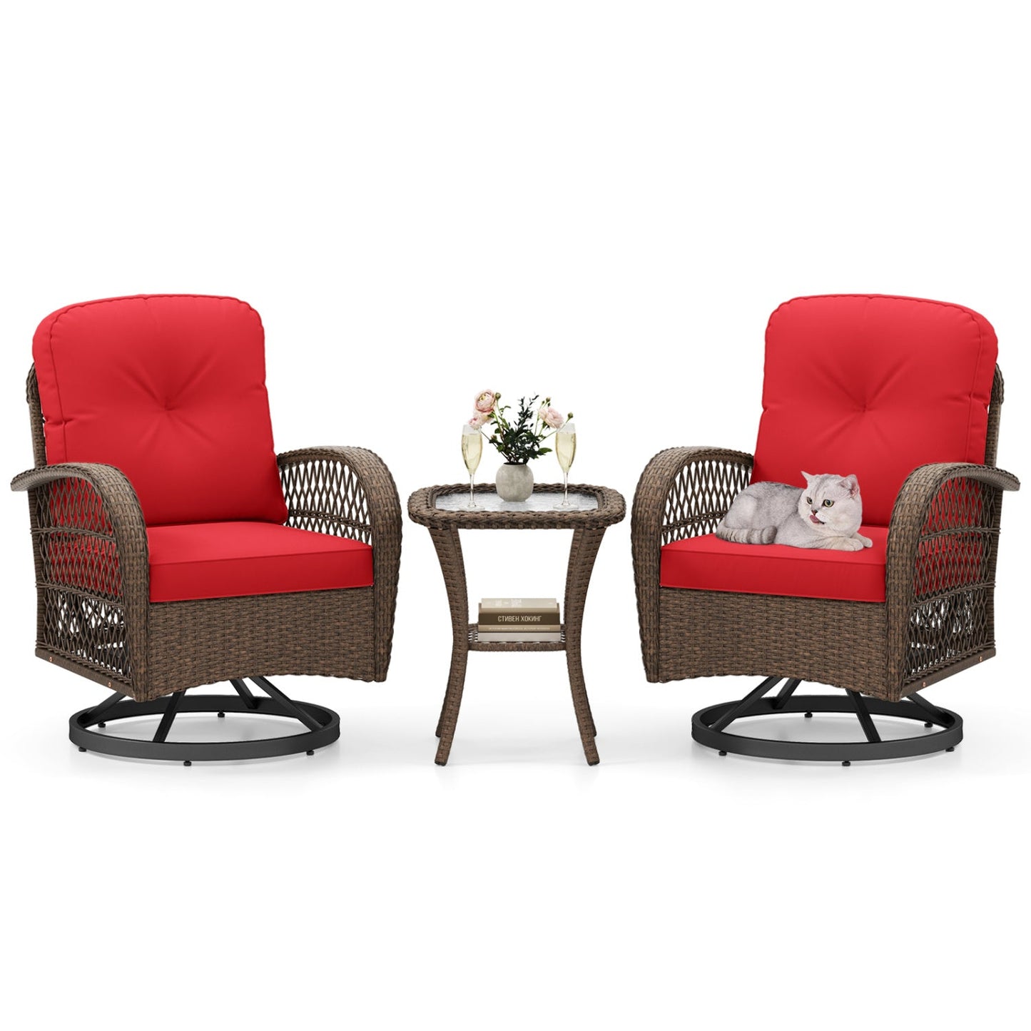 3 Piece Patio Swivel Rocker Set with Tempered Glass Side Table and Thick Cushions