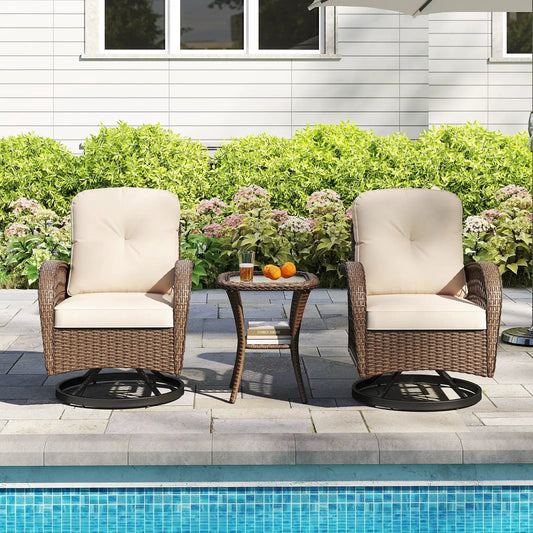 3 Piece Patio Swivel Rocker Set with Glass Table, two beige cushioned wicker chairs on Tampa Home & Garden Store