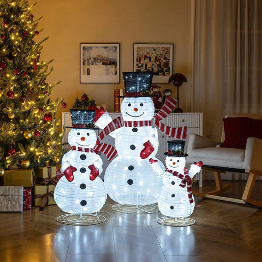 3-Piece Pre-Lit 3D Snowman Set with 270 LEDs; 3 white snowmen, red scarves, blue hats on Tampa Home & Garden Store