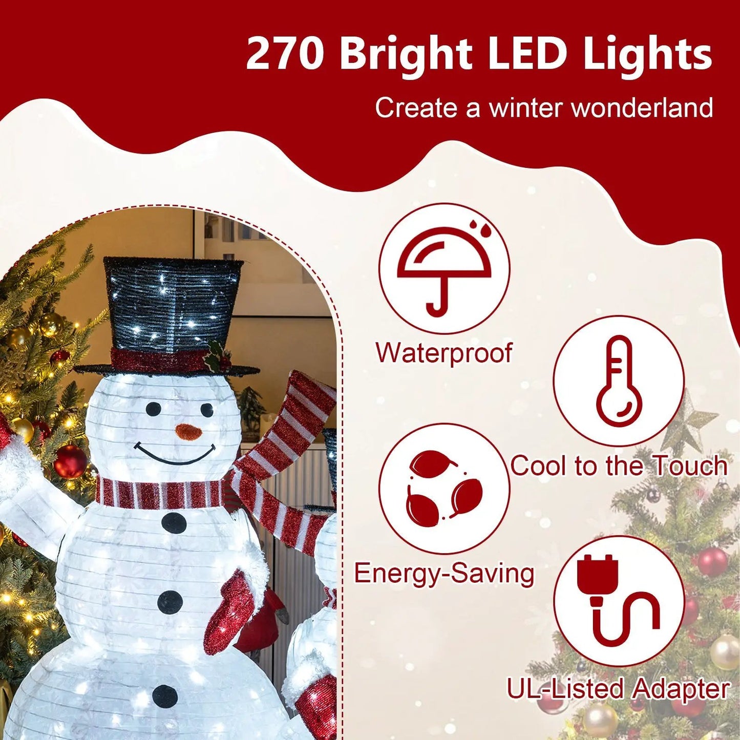 3-Piece Pre-Lit 3D Snowman Set with 270 LEDs; lantern-style snowmen with black hats on Tampa Home & Garden Store