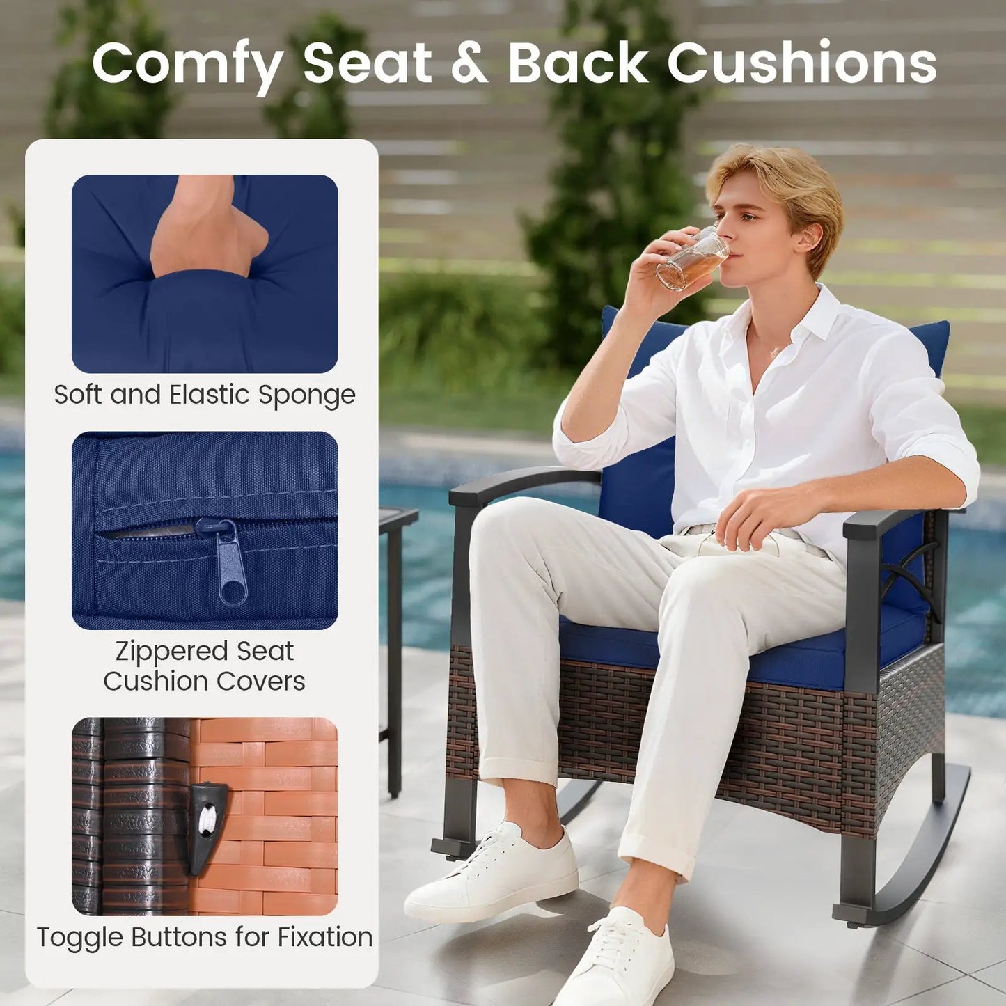 Three Piece Rocking Bistro Set with Acacia Table in blue cushions DirectDeals outdoor set on Tampa Home & Garden Store
